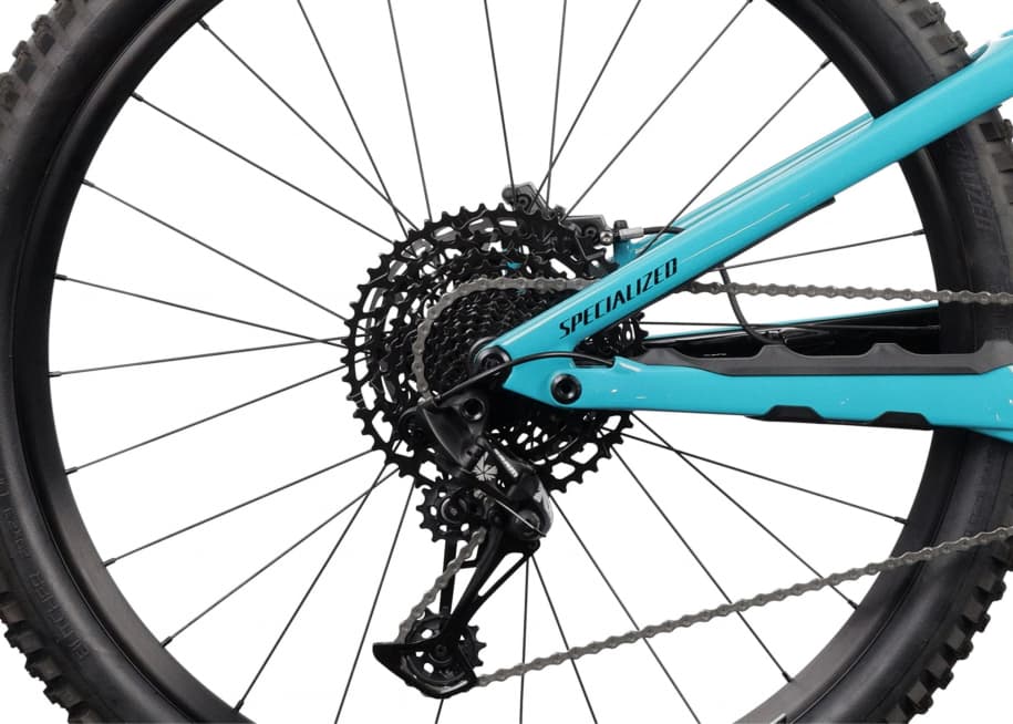 Blue bike wheel detail derailleurs packshot